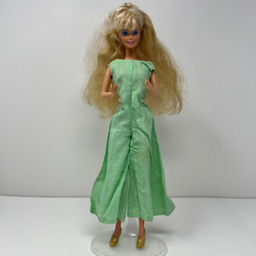 Mattel Barbie Doll 11.5 Inch Blonde Green Jumpsuit Gold Shoes 1966 Body 1980s